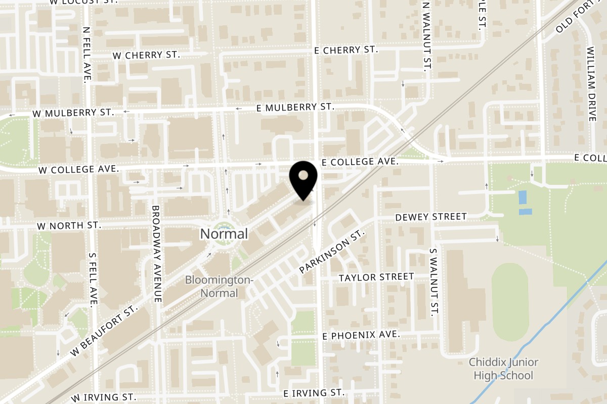 Map showing the location of Firehouse Pizza Uptown Normal on 129 E Beaufort St in Normal